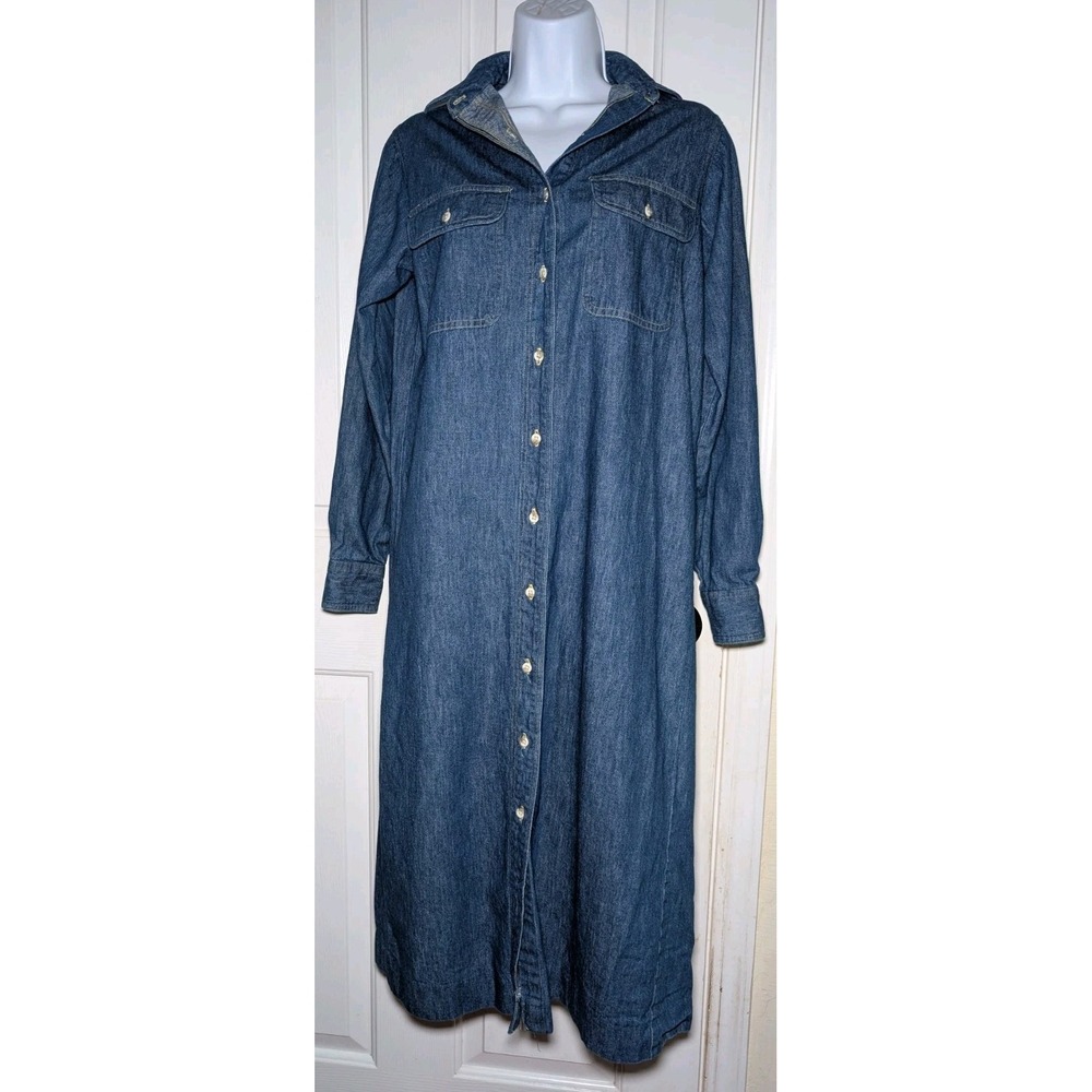 Vintage L.L. Bean Dress Womens 8 Blue Denim Long Shirt Dress Made USA 90s‎